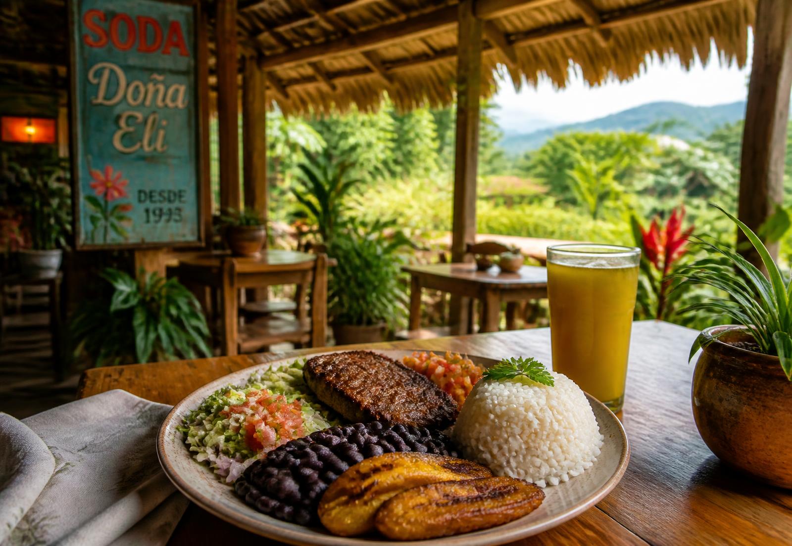 Soda local en la Costa Ballena con mesas de madera y vegetación tropical
